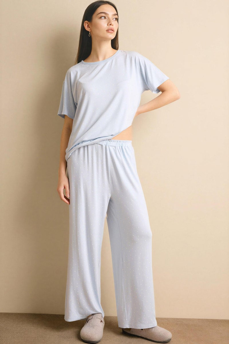DeFacto Blue Woman Short Sleeve Top Bottom 2 Piece Pajama Set Casual - Image 2